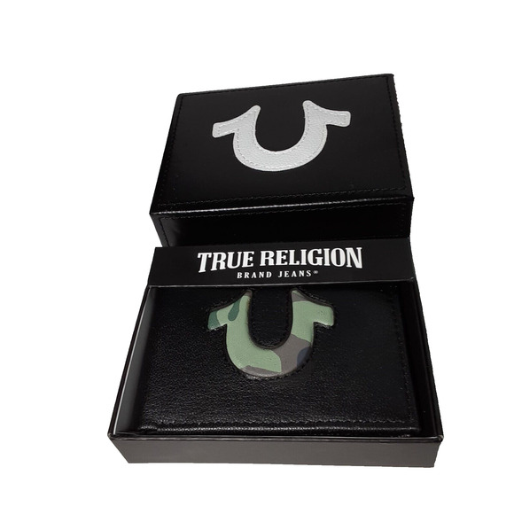 True Religion Camo Logo Black Slimfold RFID Men's Geniune Leather Wallet NEW NWT - Picture 1 of 11
